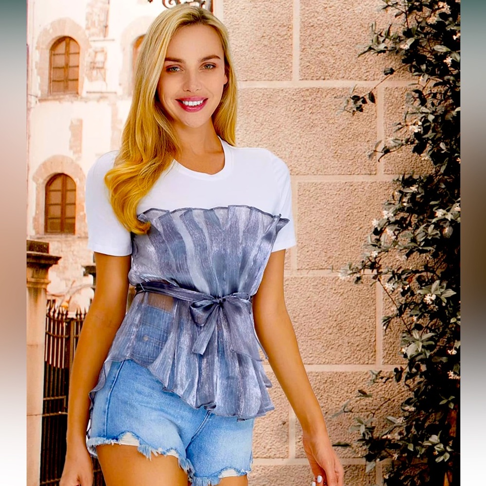 Women's Peplum Top • Crewneck T-shirt • Tie Waist Front • High-Low • Pleated